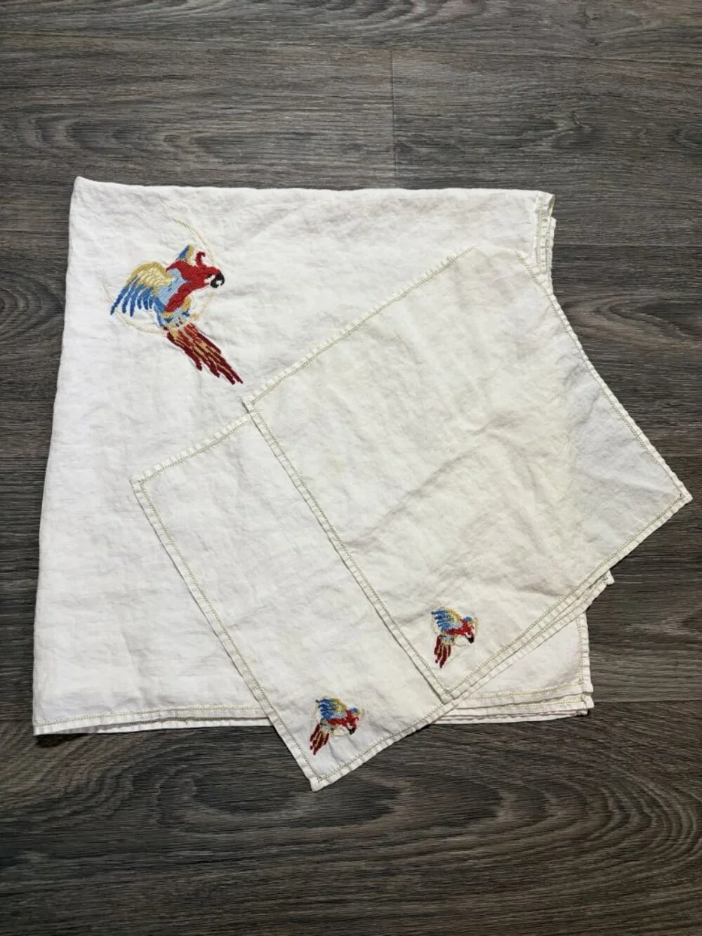 Vintage White Linen Tablecloth Napkins Hand Stitched Parrot Embroidery Tropical